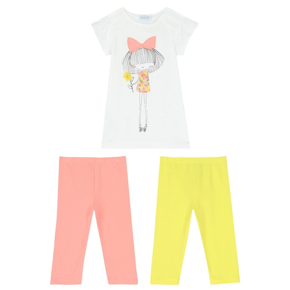 Size 6 Girls Mayoral White Tee with Coral Bow and Coral & Yellow Leggings